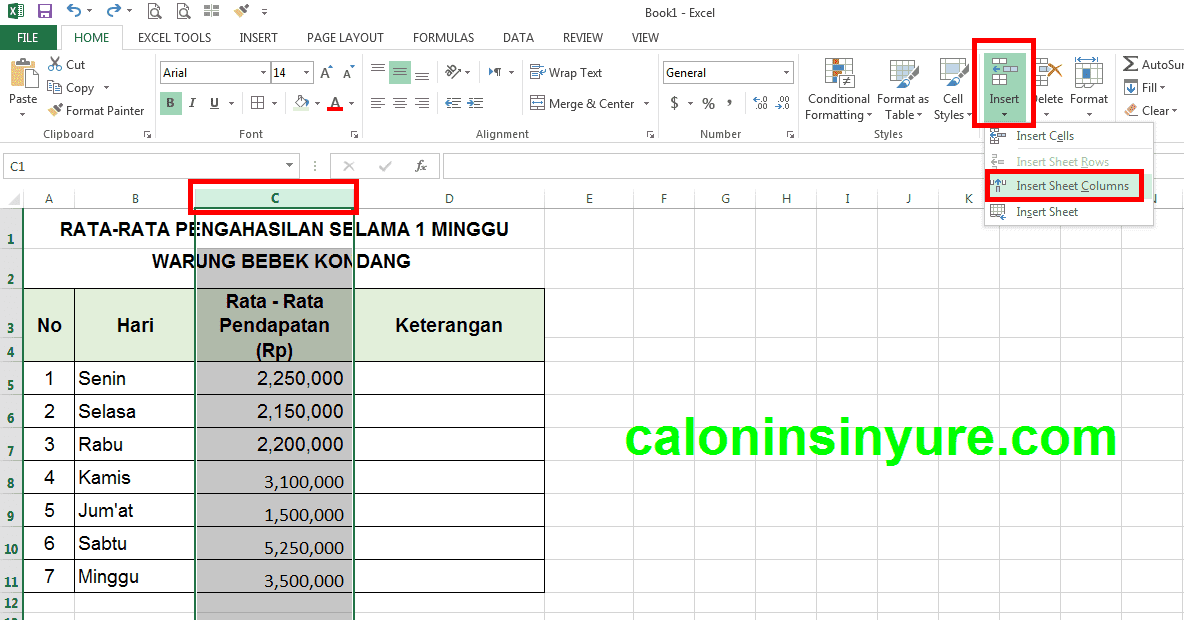 Gambar Tampilan Workhseet Insert Column