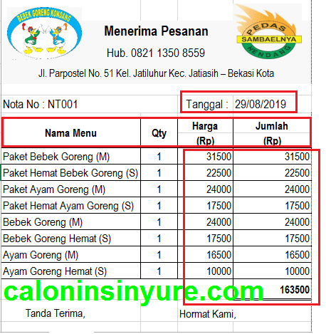 Gambar Nota Bebek Goreng Sebelum Dilakukan Format