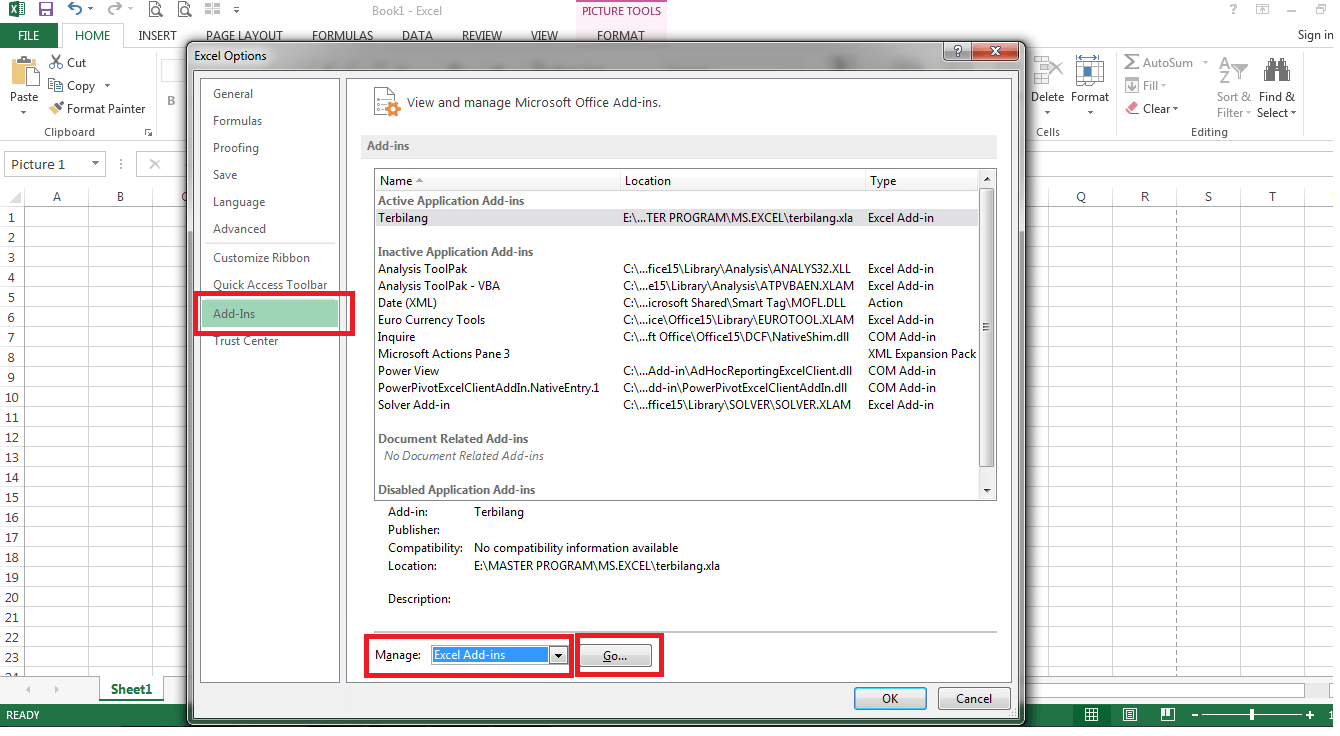 Gambar Tampilan Excel Options - Add-Ins Pada Microsoft Excel