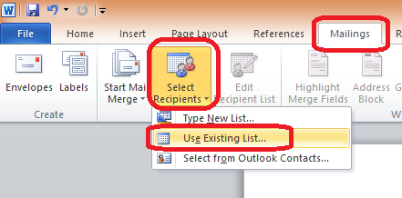 Gambar Tampilan Menu <em>Mailings</em> - <em>Select Recipients</em> - <em>Use Existing List