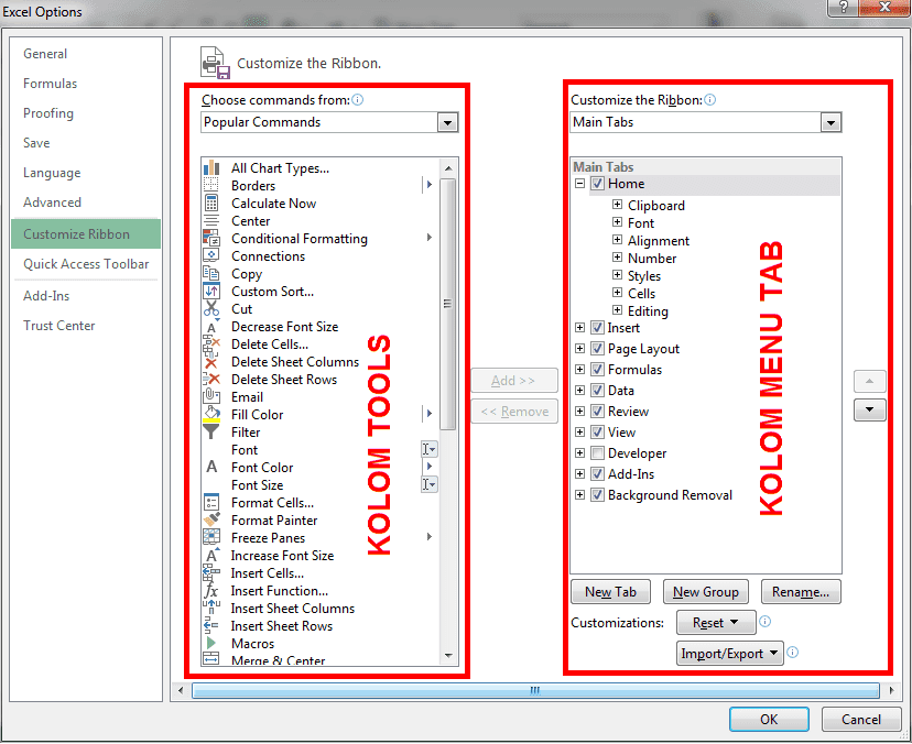 Gambar Tampilan Customsize Ribbon Microsoft Excel